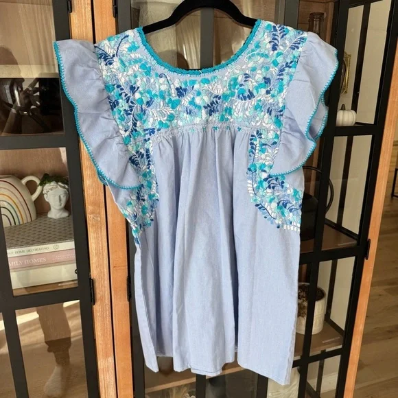 Emilia Collection blouse top embroidered oaxaca ruffle handmade turquoise tunic - Picture 4 of 8